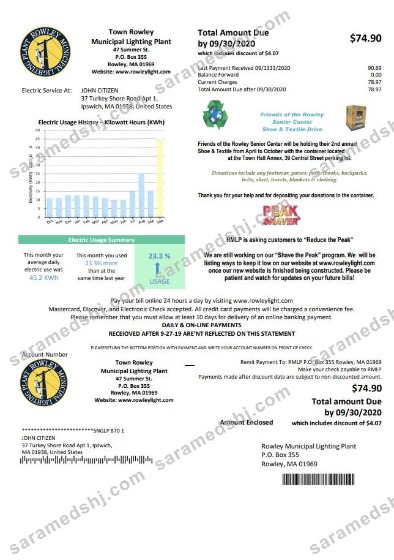 USA Massachusetts Town of Rowley Municipal Lighting Plant electricity utility bill template in Word and PDF format